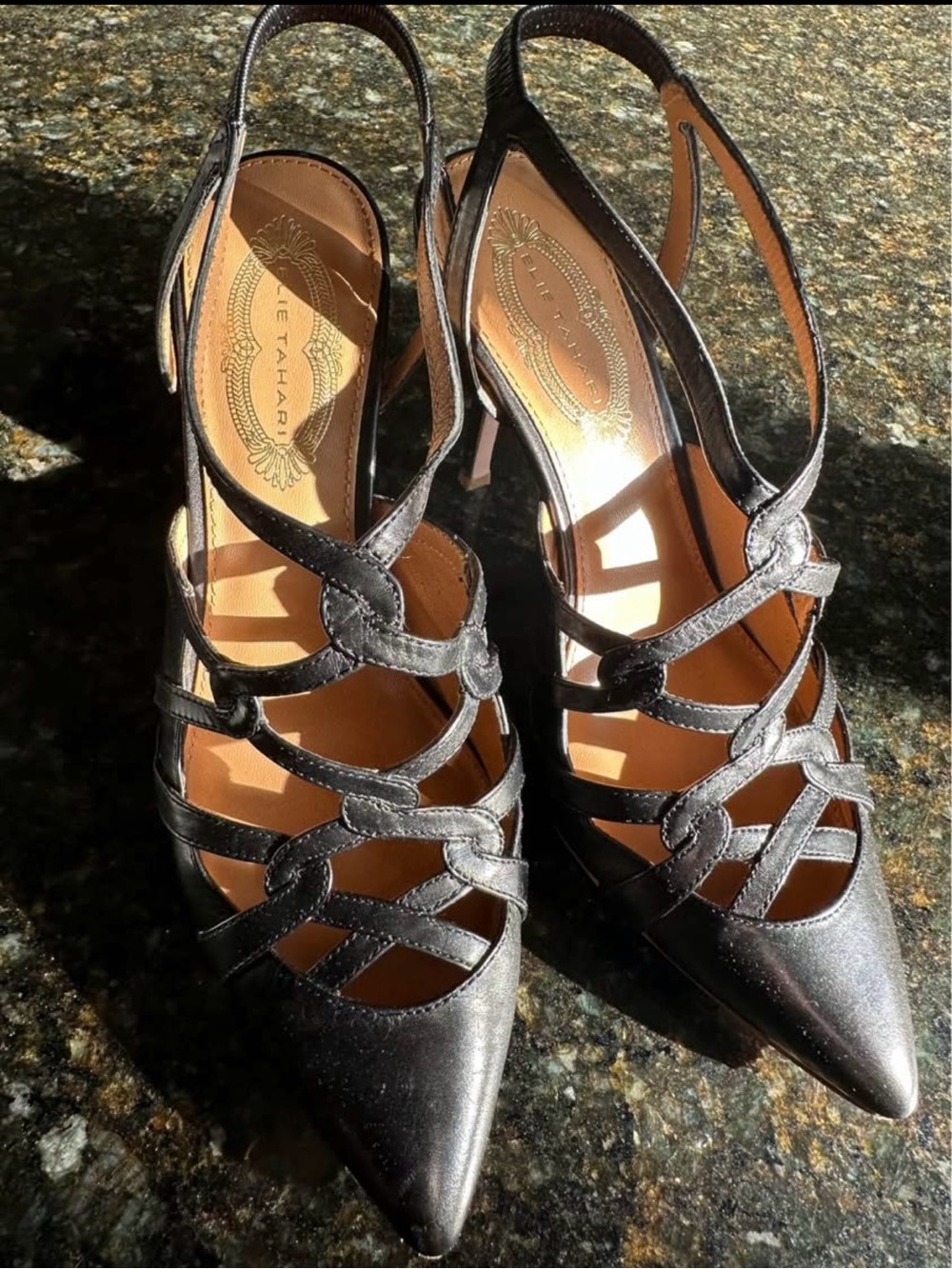 Elie Tahari Black Strappy Pointed-Toe Slingback Heels